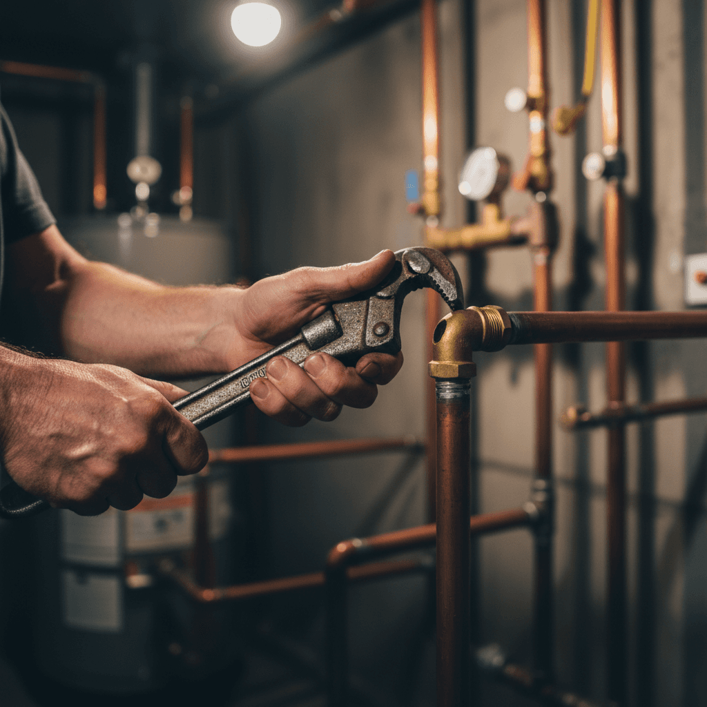 Plumber's hands gripping a wrench on a pipe fitting during septic or plumbing repair work