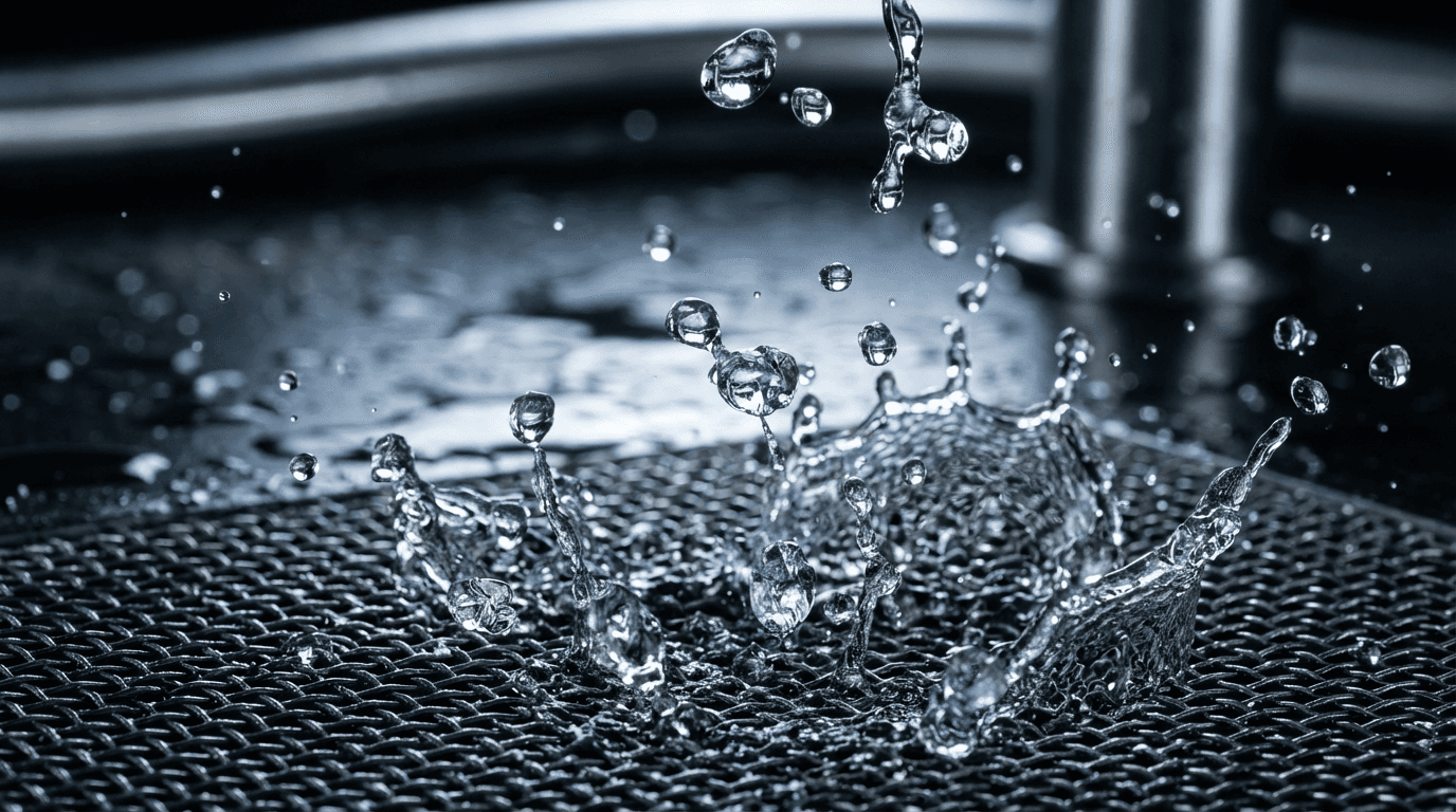 Crystal-clear water splashing over clean metal drain grate with professional LED lighting and detailed texture.