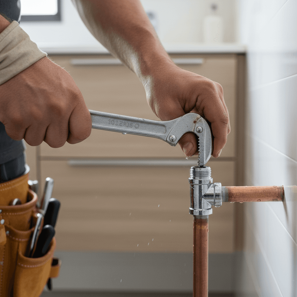 Professional plumber tightening a pipe fitting with a wrench during a residential repair